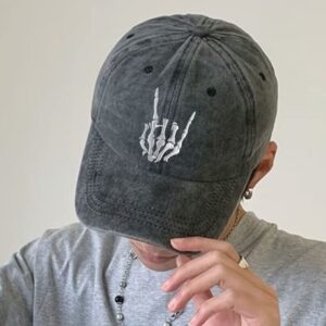 Skeleton Hand Hat, Skull Gifts for Men Women, Skull Finger Baseball Cap Adjustable Distressed Cotton Denim Dad Hats