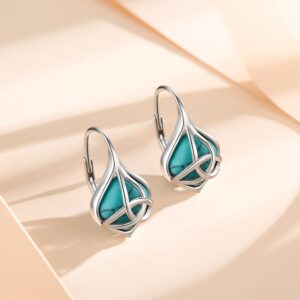 BDL Celtic Knot Genuine Turquoise Leverback Earrings Sterling Silver Dangle Drop Jewelry for Women