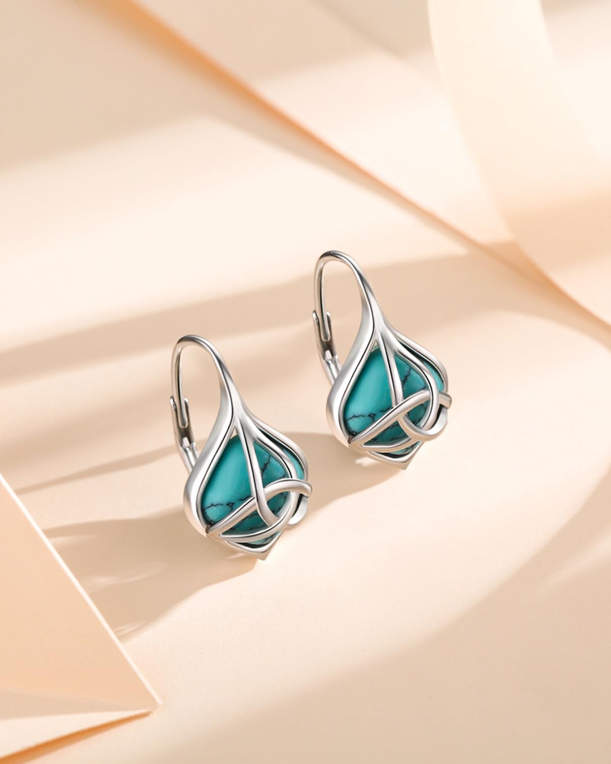 BDL Celtic Knot Genuine Turquoise Leverback Earrings Sterling Silver Dangle Drop Jewelry for Women