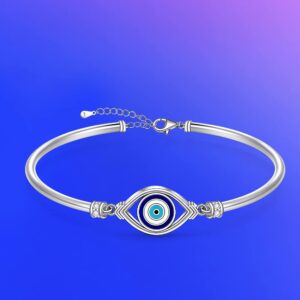 Evil Eye Bracelet for Women Sterling Silver Greek Turkish Blue Evil Eye Bangle Bracelets Adjustable Good Luck Protection Jewelry White Gold Cute Mothers Day Gifts