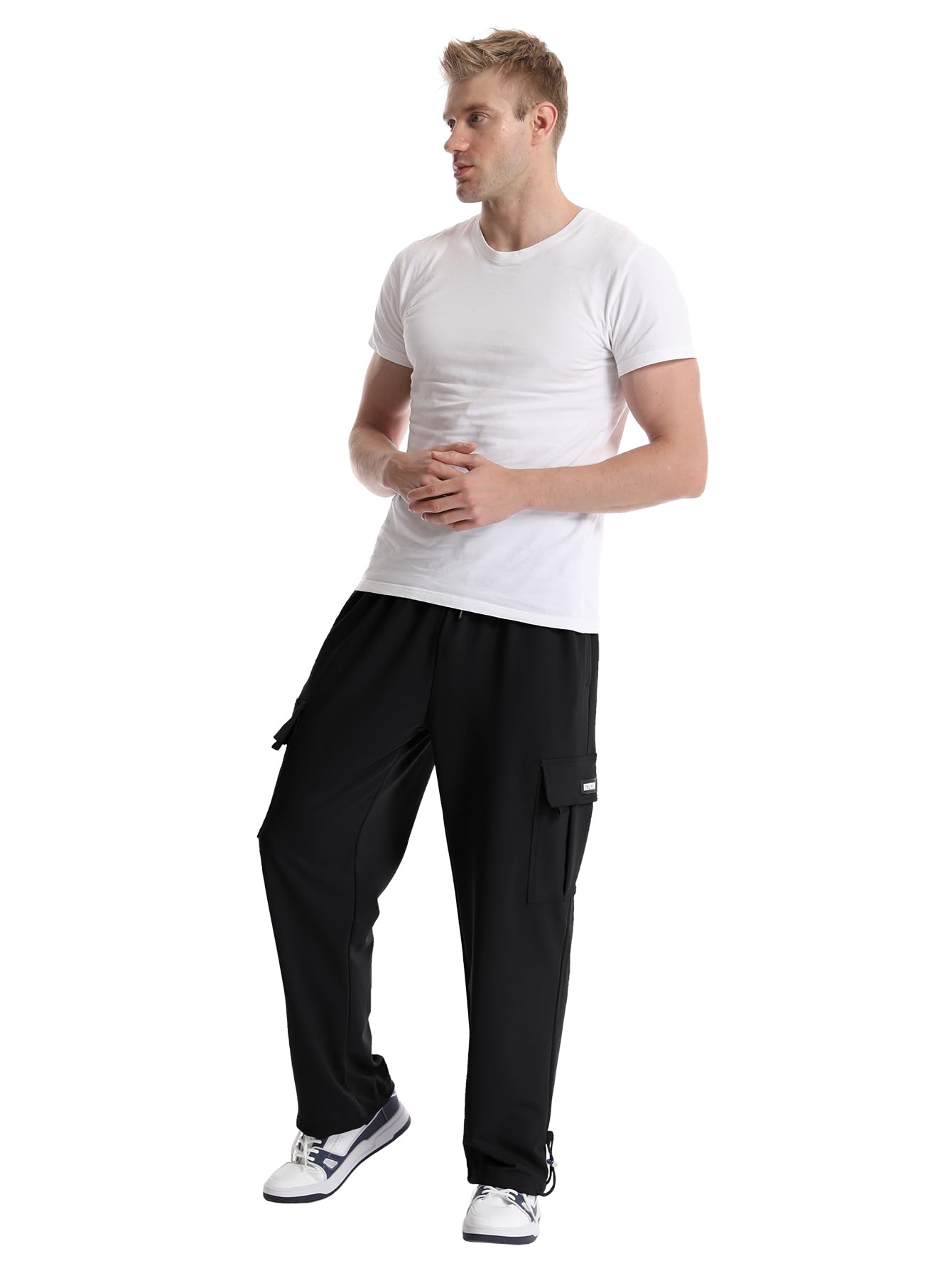 GYMBULLFIGHT Men's Cargo Sweatpants Loose Fit Pants Joggers for Men with Pockets, Open Bottom Drawstring Black