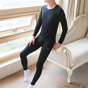 IYUNYI Men's Thermal Underwear Set, Ice Silk Feeling Long Johns, Winter Thin Base Layer Top & Bottom Black