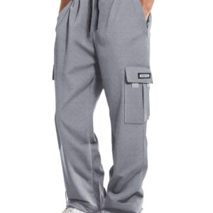 GYMBULLFIGHT Men's Cargo Sweatpants Loose Fit Pants Joggers for Men with Pockets, Open Bottom Drawstring Grey