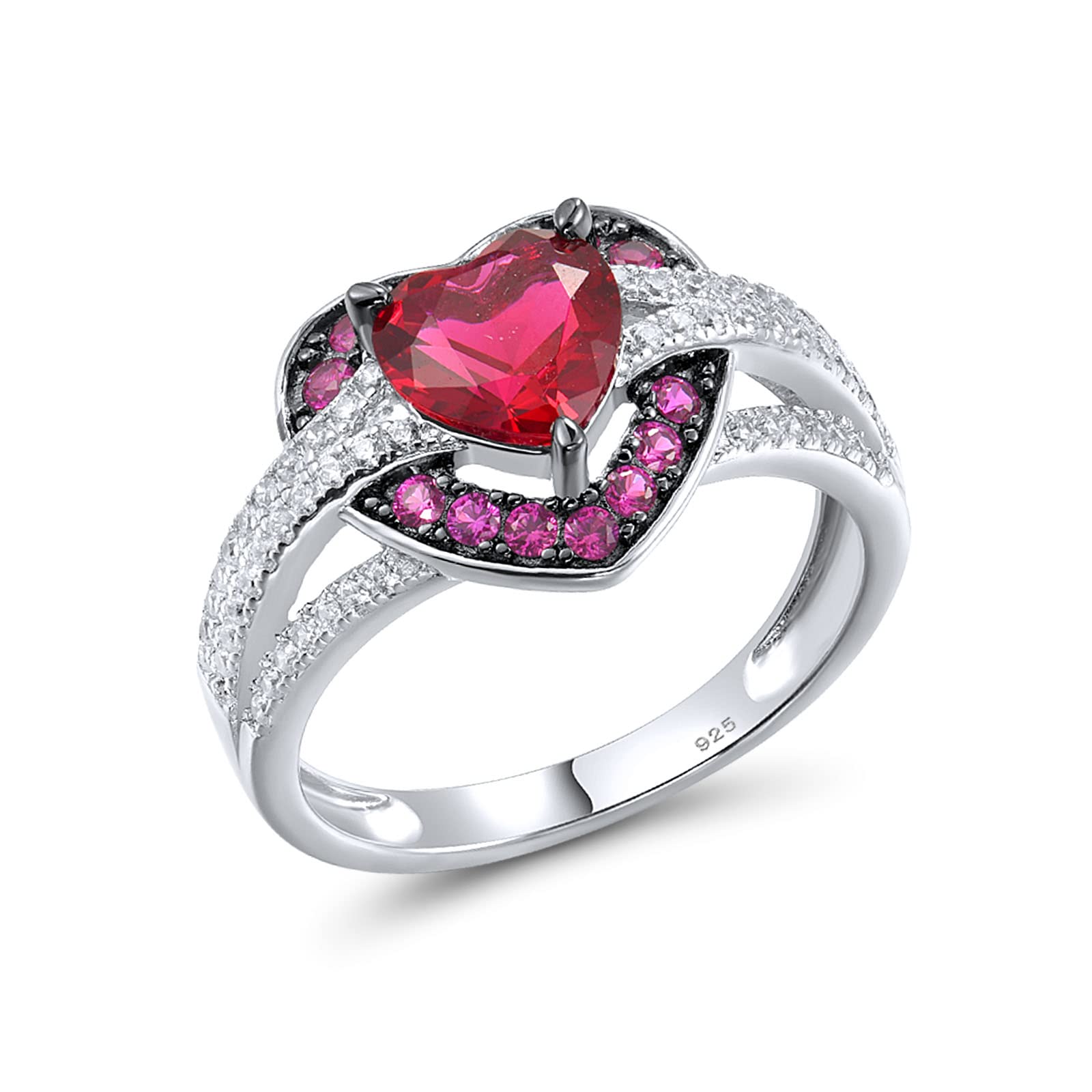 Santuzza 925 Sterling Silver Heart Shape Ring Red Crystal Cubic Zirconia Love Heart Ring for Women (6)