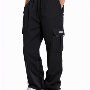 GYMBULLFIGHT Men's Cargo Sweatpants Loose Fit Pants Joggers for Men with Pockets, Open Bottom Drawstring Black