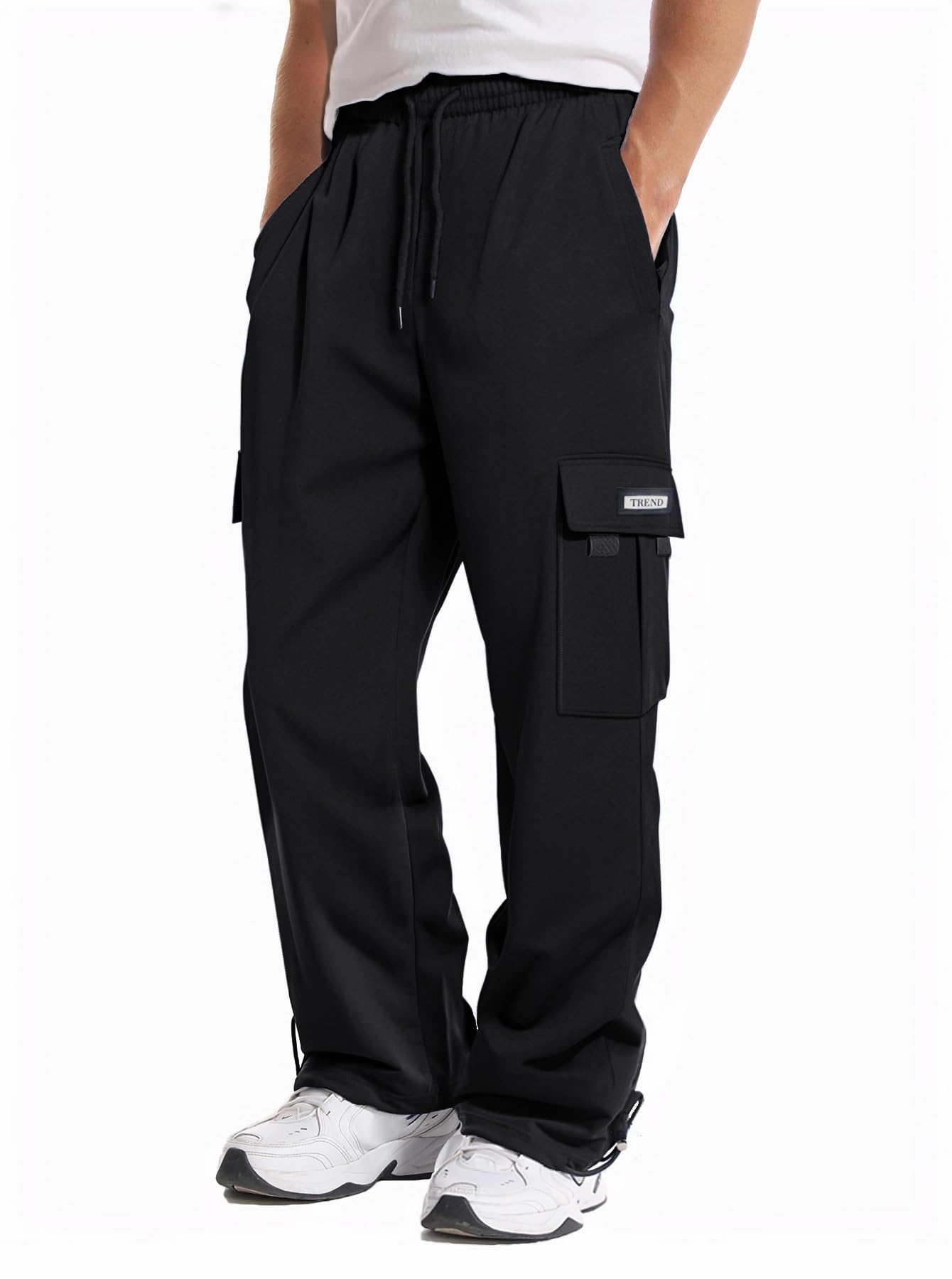 GYMBULLFIGHT Men's Cargo Sweatpants Loose Fit Pants Joggers for Men with Pockets, Open Bottom Drawstring Black