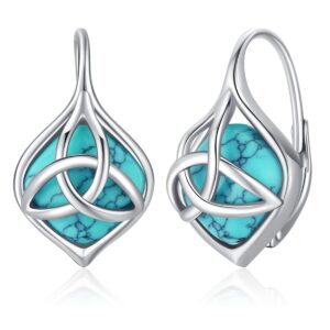 BDL Celtic Knot Genuine Turquoise Leverback Earrings Sterling Silver Dangle Drop Jewelry for Women