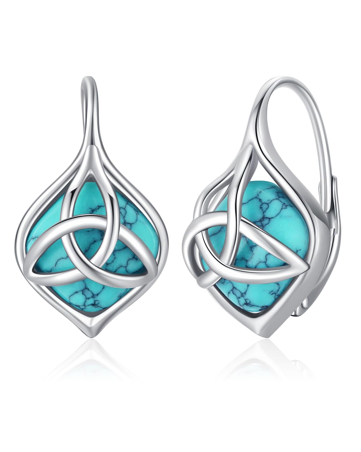 BDL Celtic Knot Genuine Turquoise Leverback Earrings Sterling Silver Dangle Drop Jewelry for Women