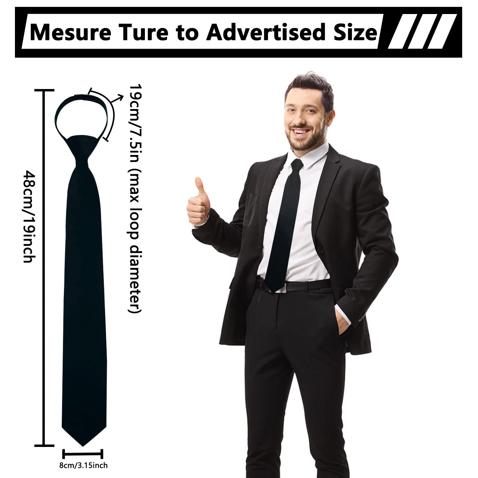 Mantieqingway 3.15'' Zipper Ties for Men Pre-tied Adjustable Black Tie, Polyester Silk Clip on Men's Neckties for Wedding Office Graduation School Uniforms, 1 Pc