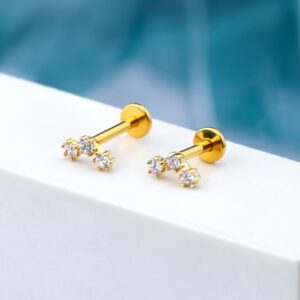 COCHARM 14K Solid Gold Triple CZ Flower Helix Earrings Stud 16 Gauge Yellow Gold Flat Back Tragus Earrings 6mm 1/4" 14K Gold Push In Helix Tragus Piercing Jewelry