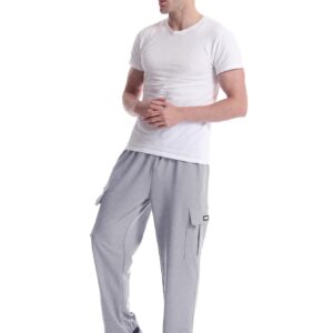 GYMBULLFIGHT Men's Cargo Sweatpants Loose Fit Pants Joggers for Men with Pockets, Open Bottom Drawstring Grey