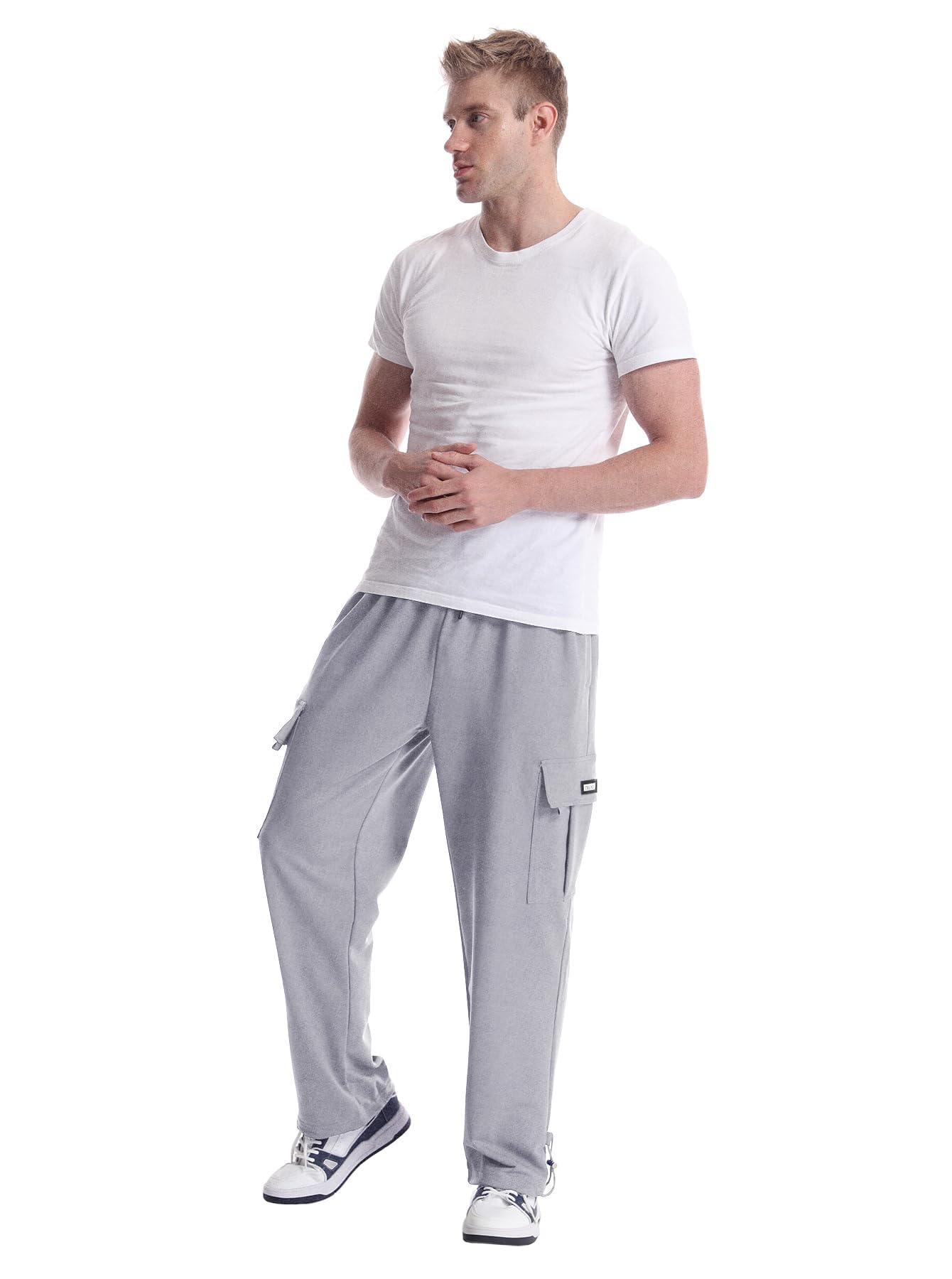 GYMBULLFIGHT Men's Cargo Sweatpants Loose Fit Pants Joggers for Men with Pockets, Open Bottom Drawstring Grey