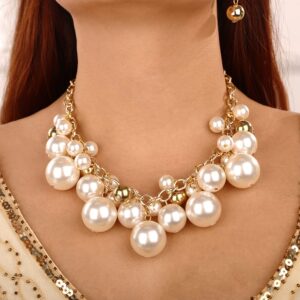 Wiwpar Women Statement Gold Short Chain Pendant Pearl Necklaces Chunky Faux Pearl Cluster Collar Bib Choker Necklace and Earrings Set for Women Gift