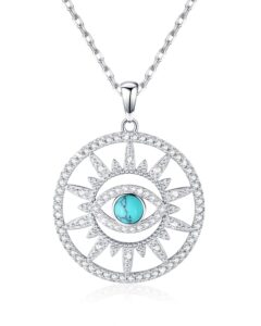 bdl evil eye necklace - sterling silver natural turquoise genuine with 5a cubic zirconia, third eye necklace ojo turco pendant, christmas gifts for women girls