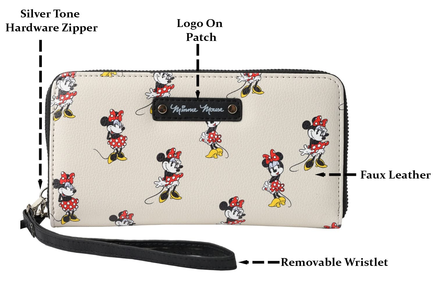 Disney Wallet Wristlet Zip Clutch Faux Leather (Minnie Mouse Cream)