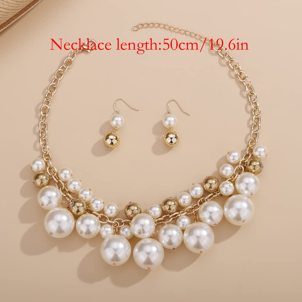 Wiwpar Women Statement Gold Short Chain Pendant Pearl Necklaces Chunky Faux Pearl Cluster Collar Bib Choker Necklace and Earrings Set for Women Gift