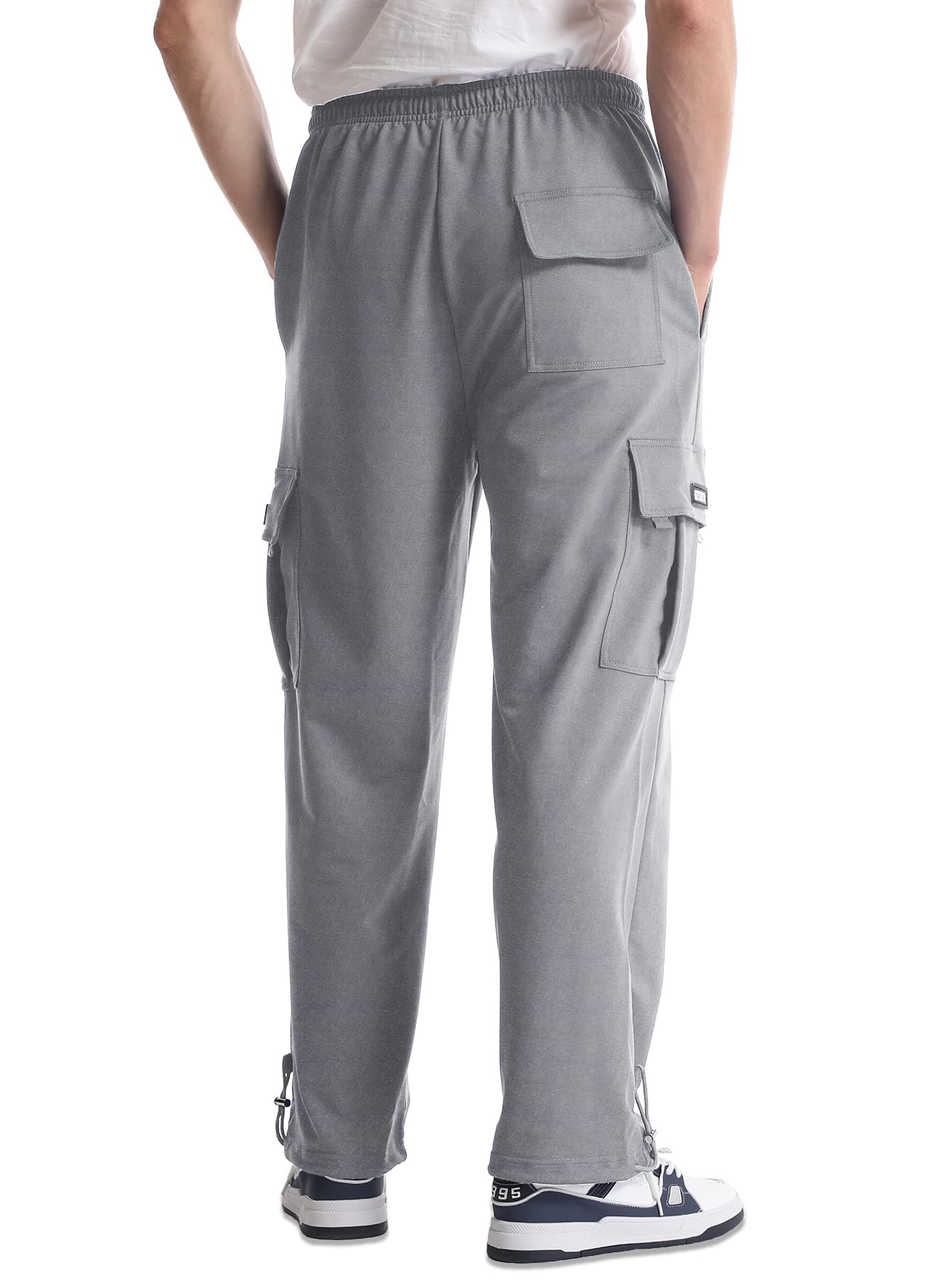 GYMBULLFIGHT Men's Cargo Sweatpants Loose Fit Pants Joggers for Men with Pockets, Open Bottom Drawstring Grey