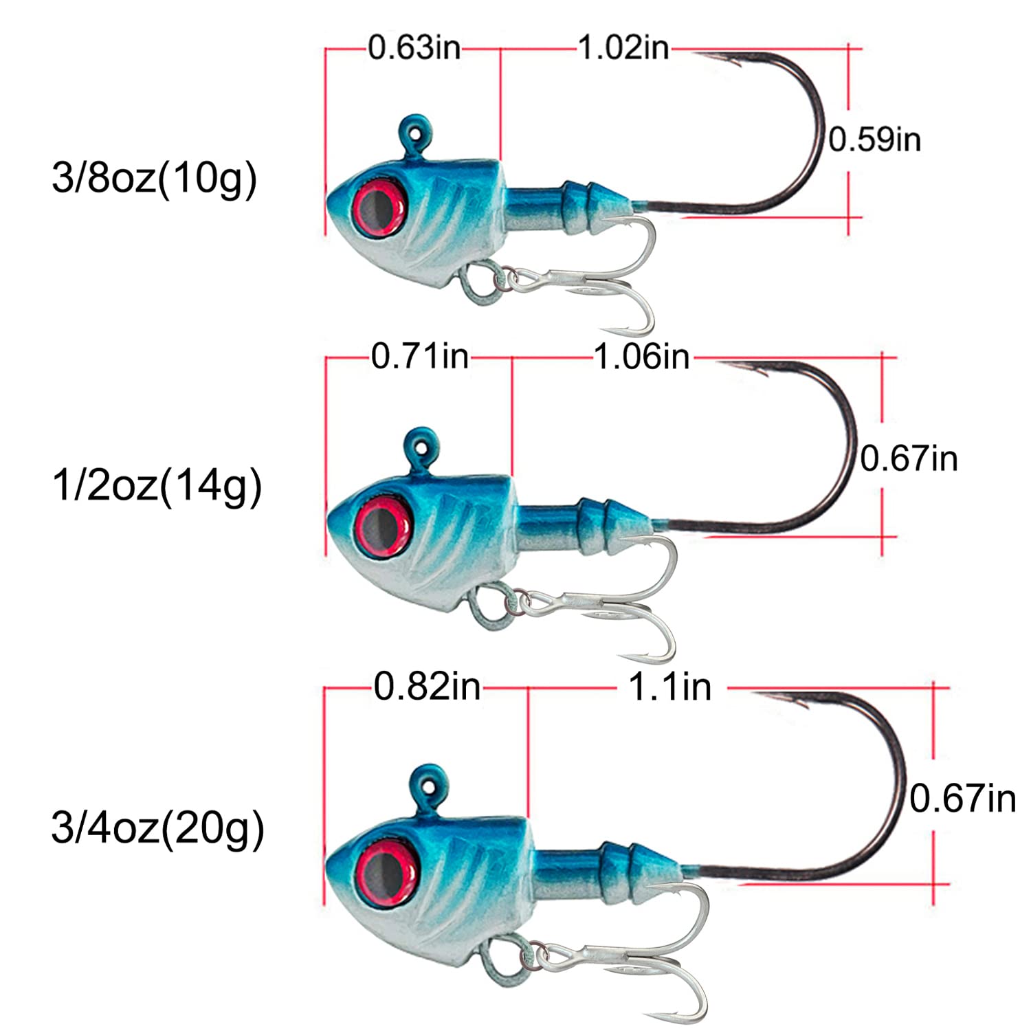 FANGBLUE Jig Head Hook 14g (1/2oz) Fishing Jigging Stainless Steel 3X Treble Hook 3D Eyes Pike Bass Swim Crank Hook Fishing Tackle Box (5Pcs 14g (1/2oz) Fishing Hook with 3X Treble Hook)