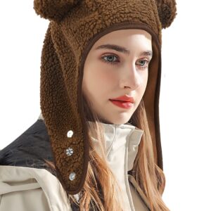 DOCILA Brown Bear Hat Women Ear Warmer Winter Hats Lightweight Lamb Fleece Beanie Hats Cold Weather Plush Earflap Skull Caps