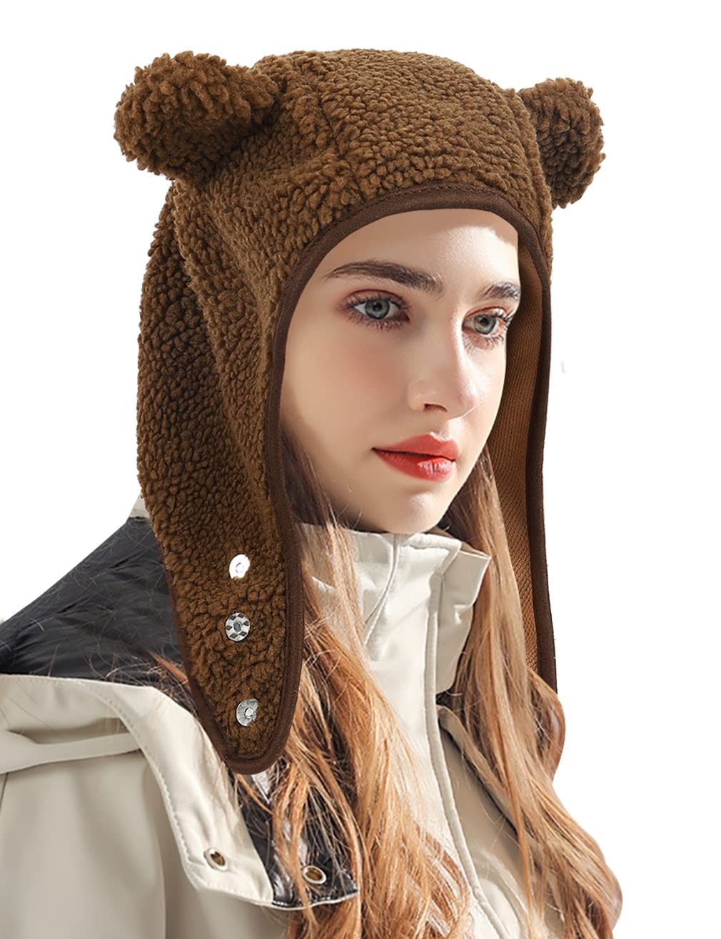 DOCILA Brown Bear Hat Women Ear Warmer Winter Hats Lightweight Lamb Fleece Beanie Hats Cold Weather Plush Earflap Skull Caps