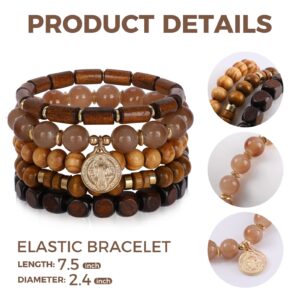 Bohemian Wood Beaded Bracelets for Women Natural Stone Boho Stretch Wooden Bracelet Set Religious Charm Multilayered Bead Strand Elastic Stackable Bracelets Handmade Jewelry Gifts for Men and Women