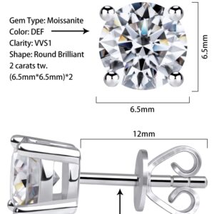 Moissanite Stud Earrings for Women Men, Nickel Free S925 Sterling Silver Hypoallergenic Earrings, 1ct - 2ct D Color VVS1 Clarity Brilliant Round Cut Lab Created Diamond Earring Set Promise Birthday Christmas Gift (Classic 4 prong, 2 carats-(1ct*2)-6.5mm,