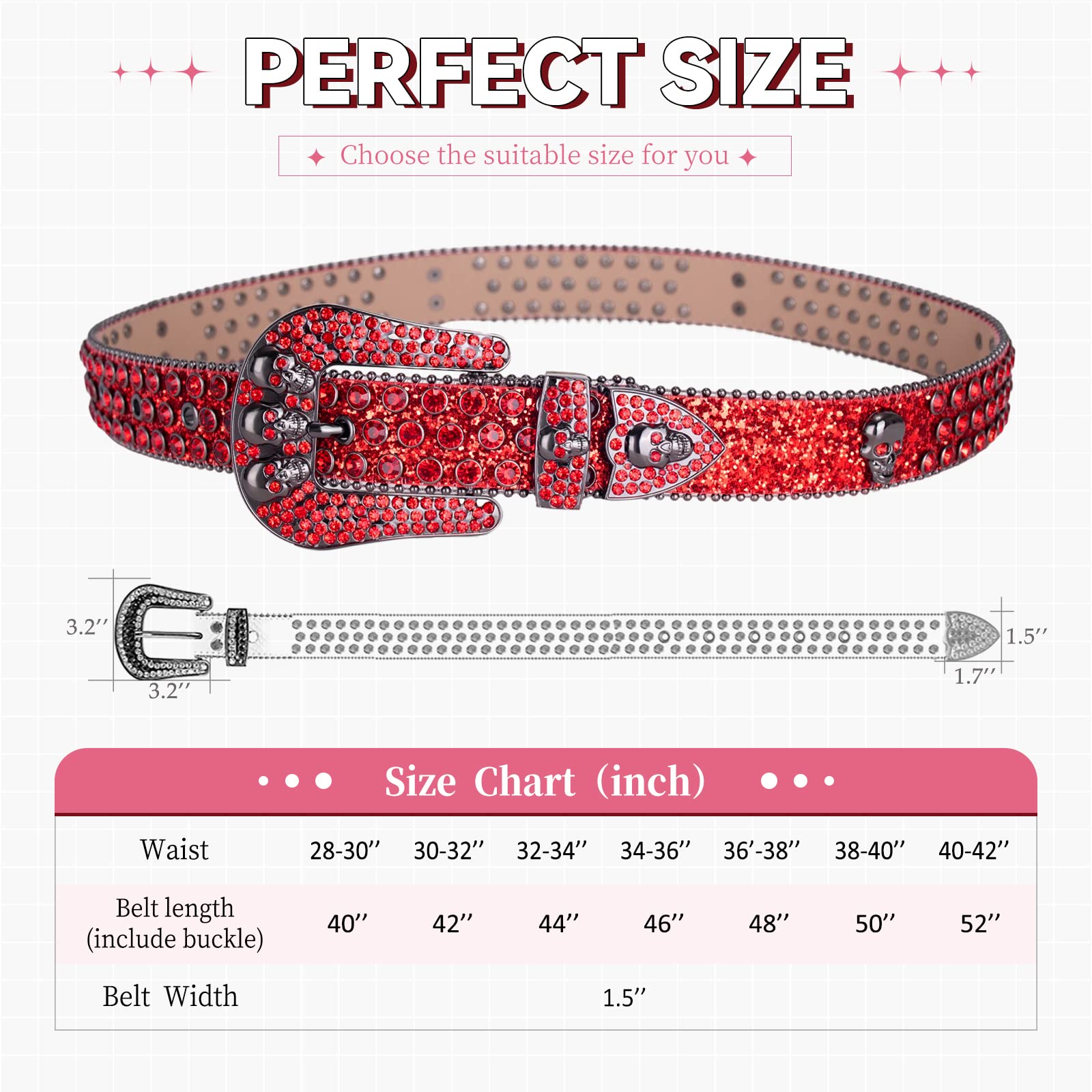 TINIDI Western Men Women Rhinestone Belts Bling Crystal Skulls Studded Diamond Leather Belt For Pants Jeans (42: fits waist from 30"-32", Red)