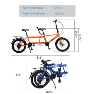 petolovty Tandem Bike - City Tandem Folding Bicycle, Foldable Tandem Adult Beach Cruiser Bike Adjustable 7 Speeds, 2-seater, CE FCC CCC (Orange)