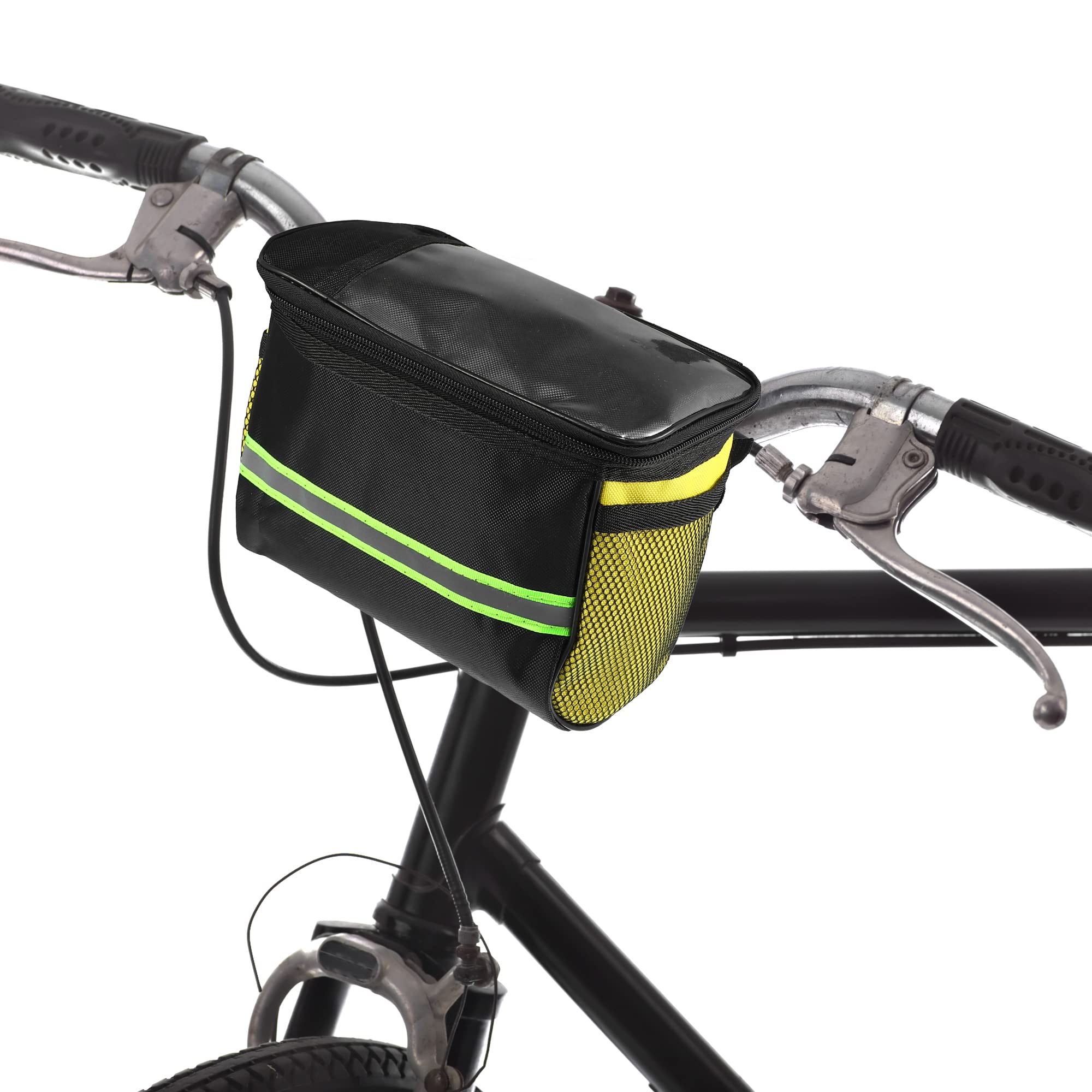 X AUTOHAUX 5L Capacity Bike Handlebar Bag with 7 inch Touch Screen Phone Holder Mesh Side Pocket Bicycle Front Storage Bag for Mountain Bikes Yellow