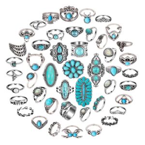 Mixcbe 50 Pcs Western Turquoise Rings Set for Women Rings Vintage Bohemian Stackable Gemstone Rings Boho Joint Knuckle Rings Midi Stacking Rings for women Holiday Gifts