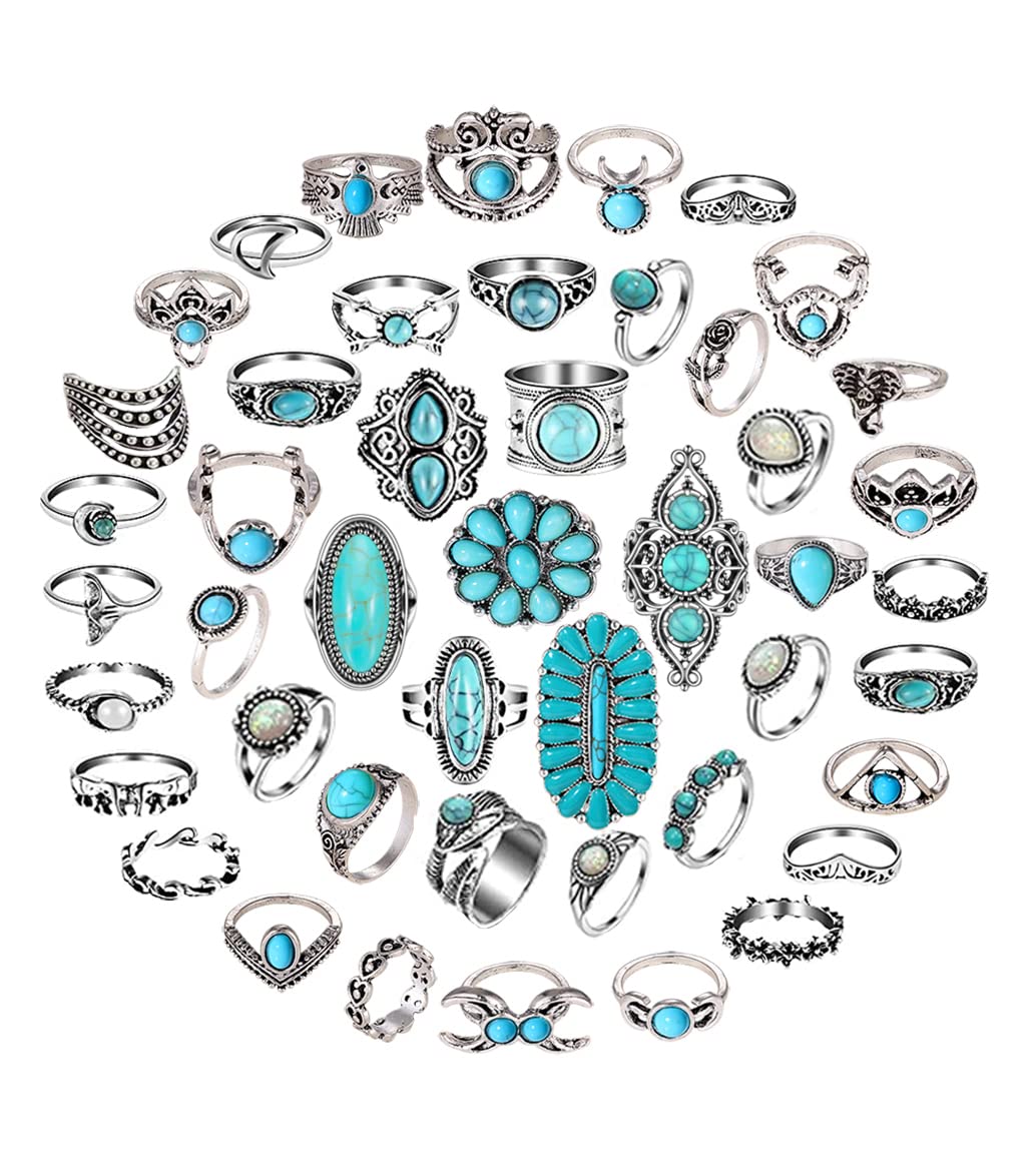 Mixcbe 50 Pcs Western Turquoise Rings Set for Women Rings Vintage Bohemian Stackable Gemstone Rings Boho Joint Knuckle Rings Midi Stacking Rings for women Holiday Gifts