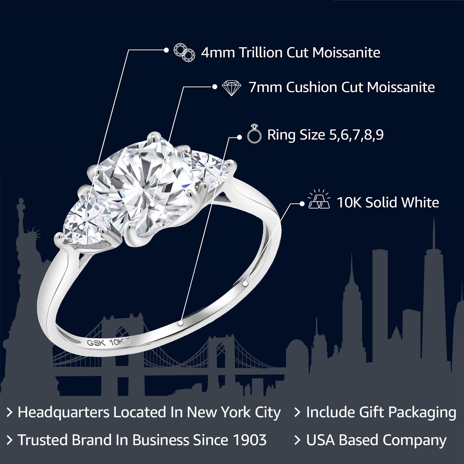 Gem Stone King 10K White Gold White Moissanite Engagement Ring | 2.16 Cttw | 7MM Cushion and 4MM Trillion | 3 Stone Wedding Engagement Anniversary Promise Ring For Women (Size 6)