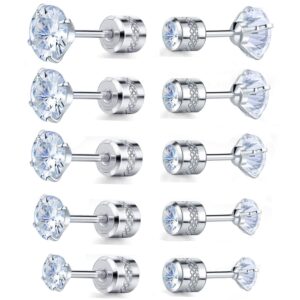 5 pairs white gold plated moissanite earrings for women stainless steel 2-6mm round cut moissanite stud earrings for men women