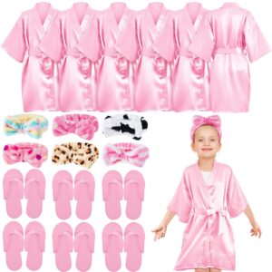 Jecery 18 Pcs Spa Party Supplies for Girls 6 Satin Kimono Robe 6 Spa Headband 6 Disposable Foam Pedicure Slippers (Pink,Size 8)