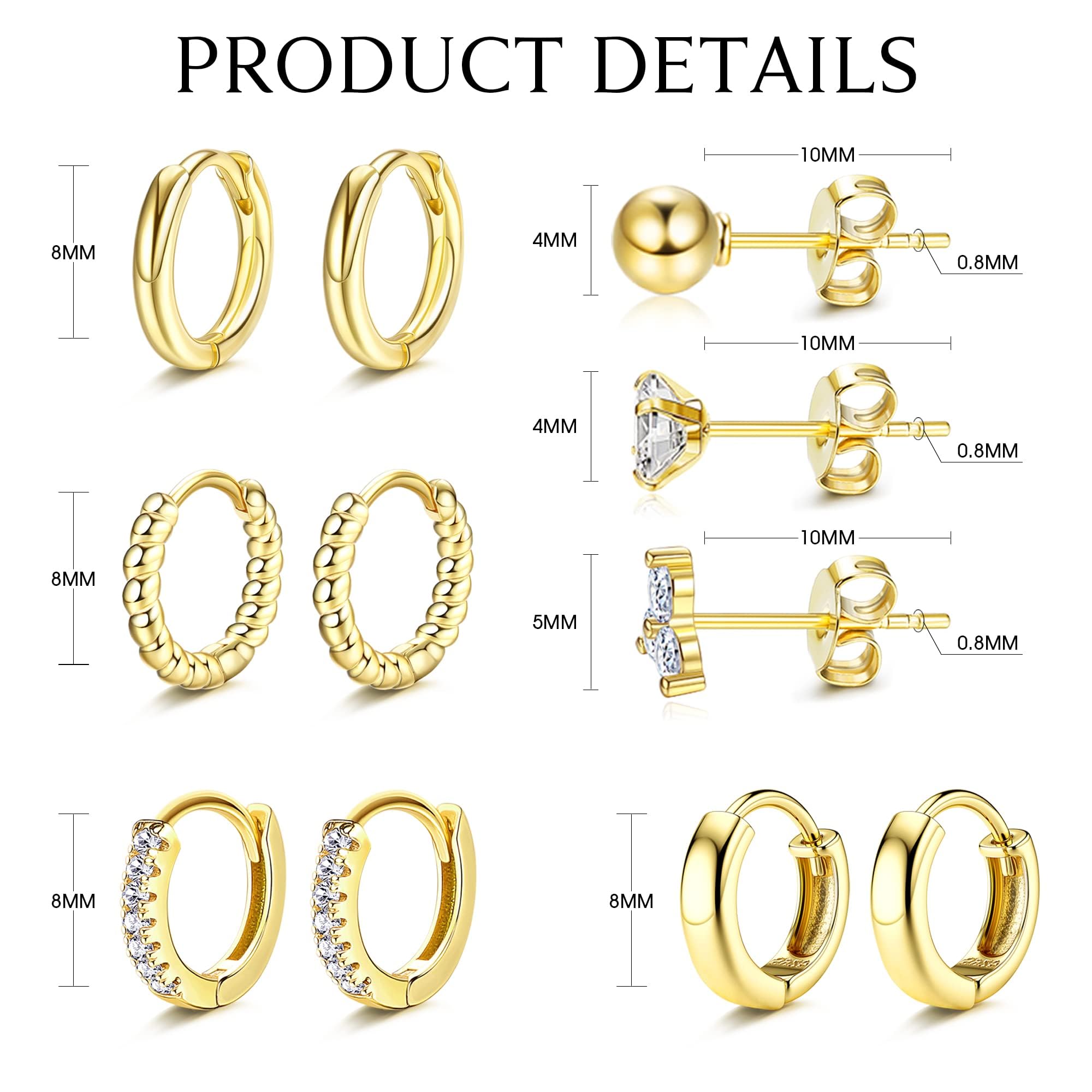 HAIAISO Gold Huggie Hoop Earrings for Women 14k Gold Plated Hoop and Studs Earrings Set Hypoallergenic Tiny CZ Ball Earrings Cartilage Earring for Multiple Pack