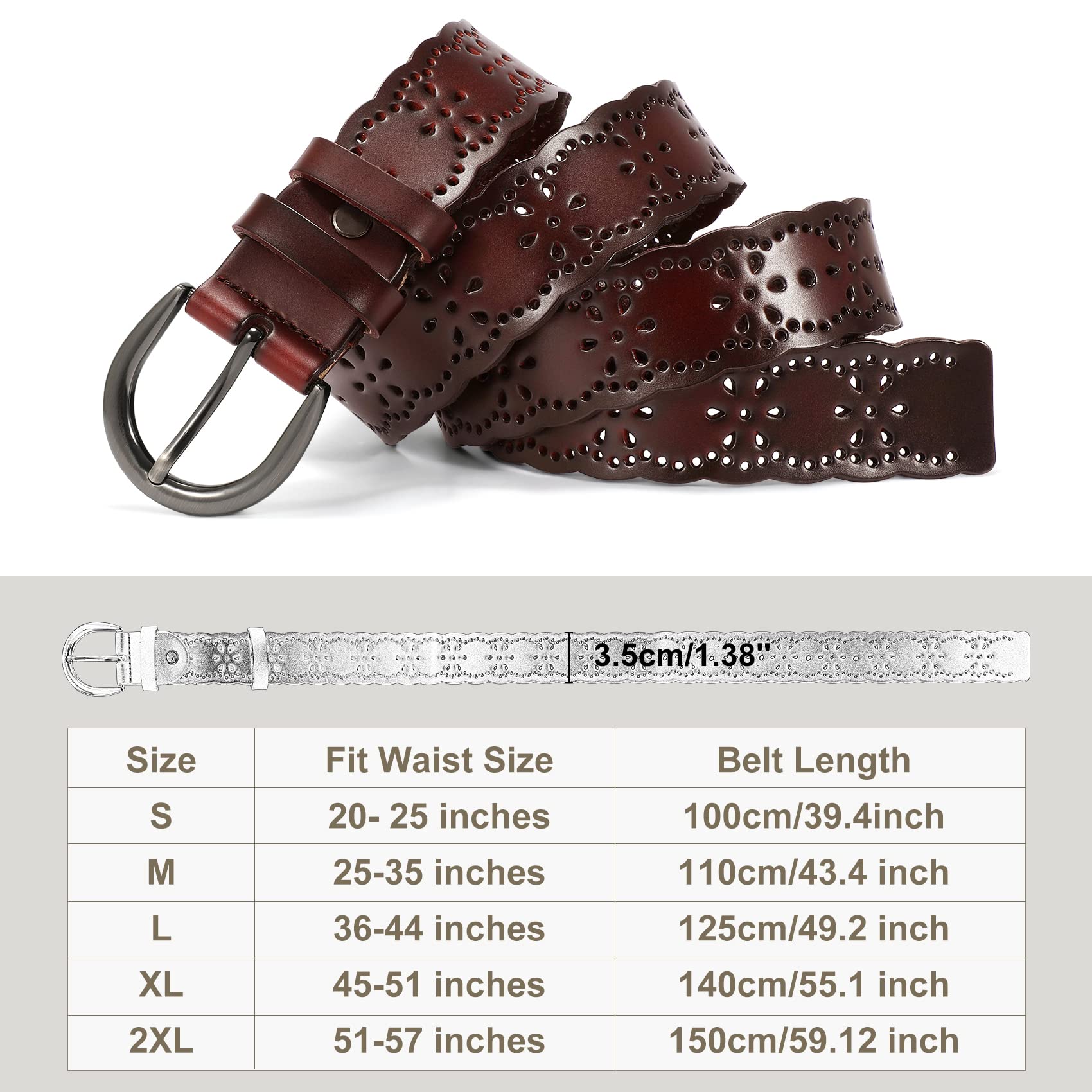 XZQTIVE Women Plus Size Leather Belt for Jeans Dresses Pants Hollow Flower Waist Belts with Solid Pin Buckle