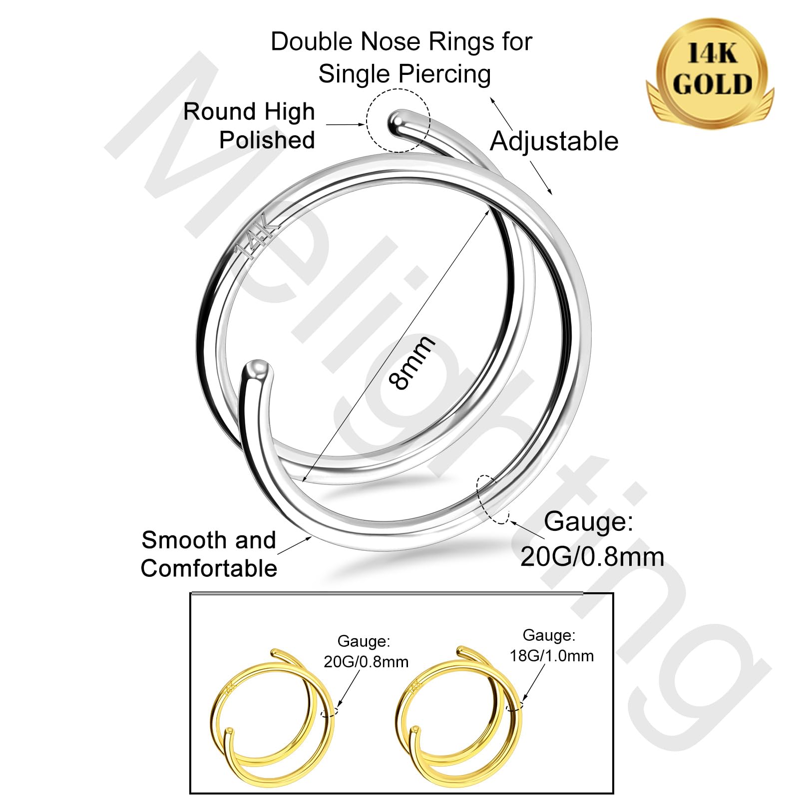 MeIighting 14K Solid Gold Double Nose Rings Hoop for Single Piercing 20G Twist Nose Ring Double Hoop for Women Nose Piercing Jewelry for Men Nose Hoops