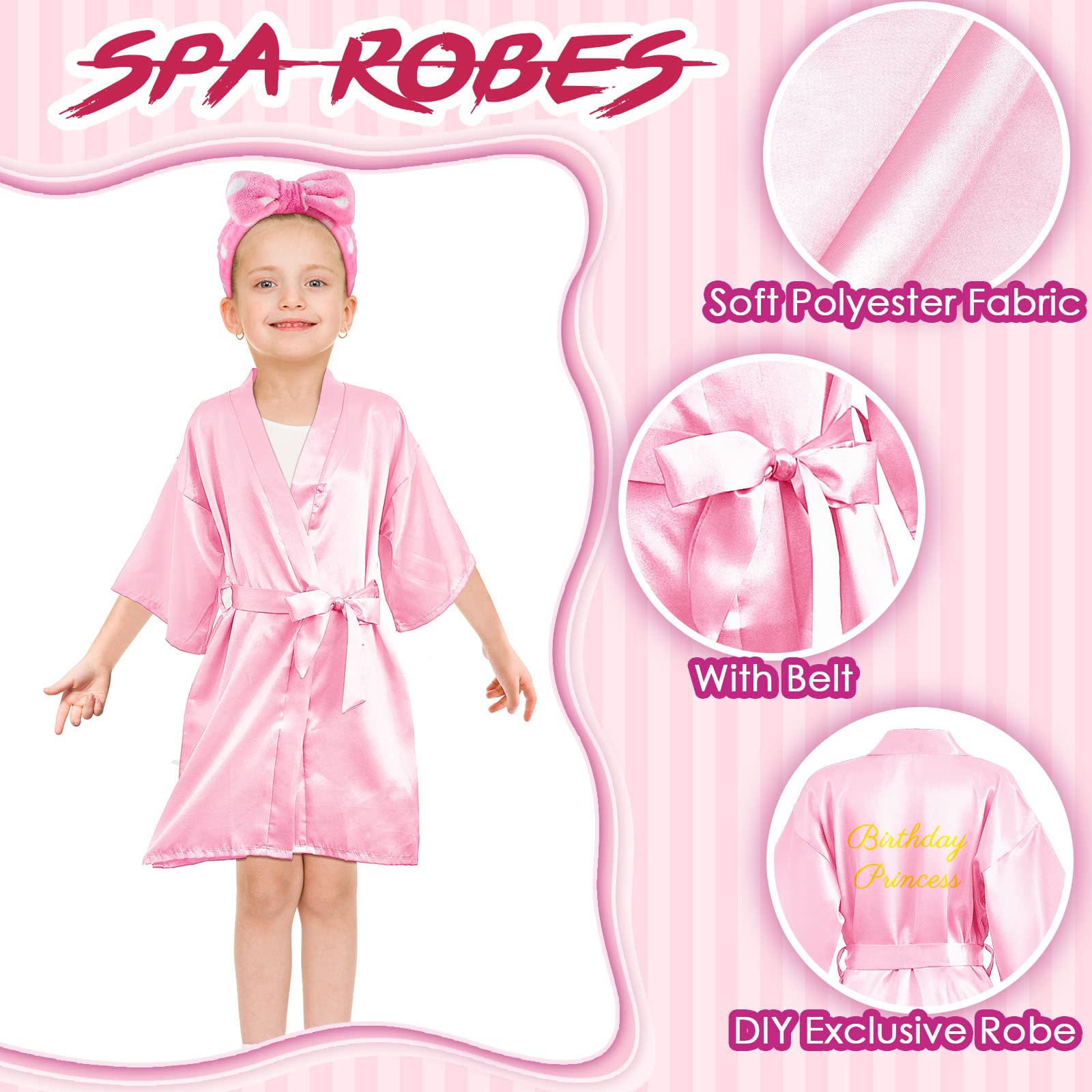 Jecery 18 Pcs Spa Party Supplies for Girls 6 Satin Kimono Robe 6 Spa Headband 6 Disposable Foam Pedicure Slippers (Pink,Size 8)