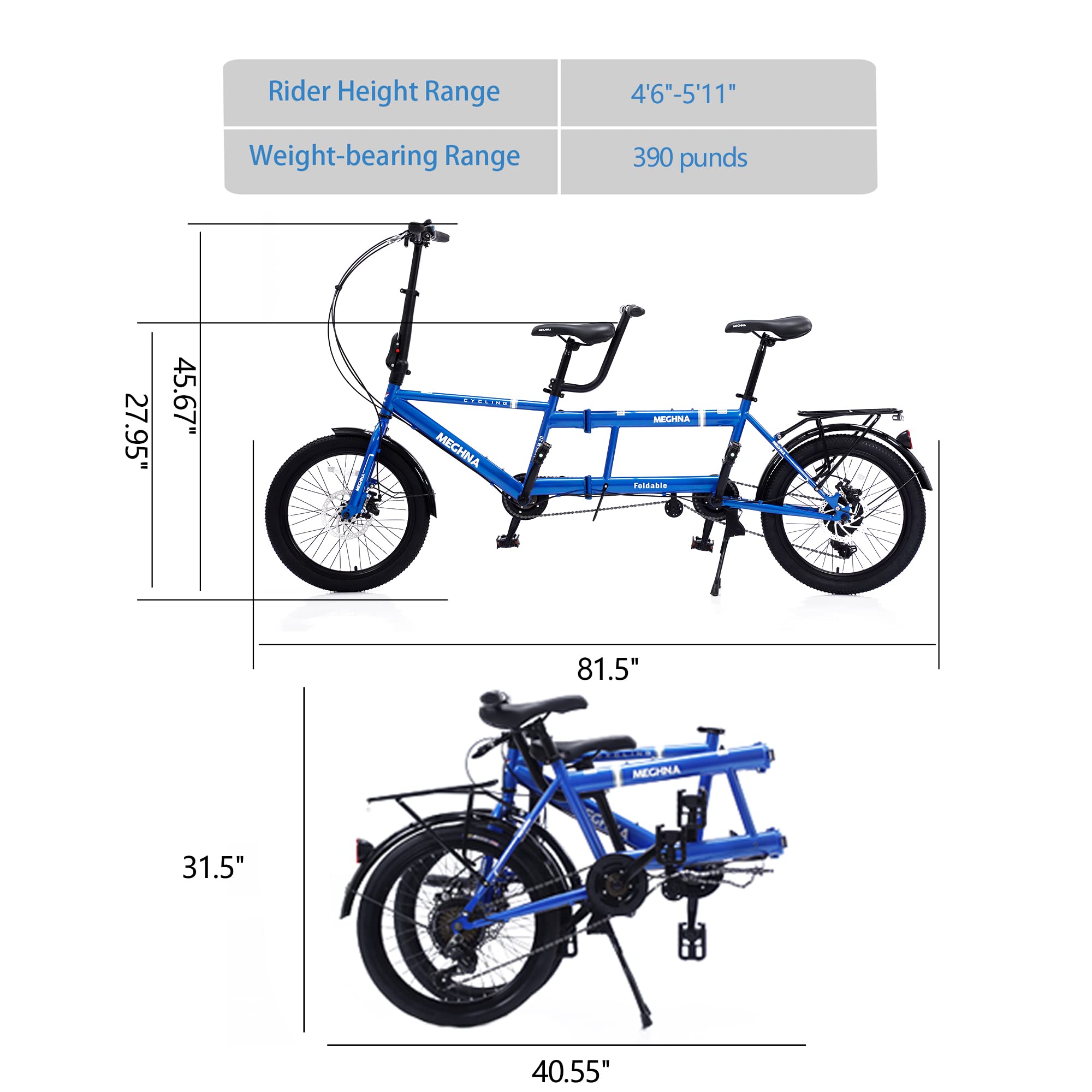 petolovty Tandem Bike - City Tandem Folding Bicycle, Foldable Tandem Adult Beach Cruiser Bike Adjustable 7 Speeds, 2-Seater, CE FCC CCC (Blue)