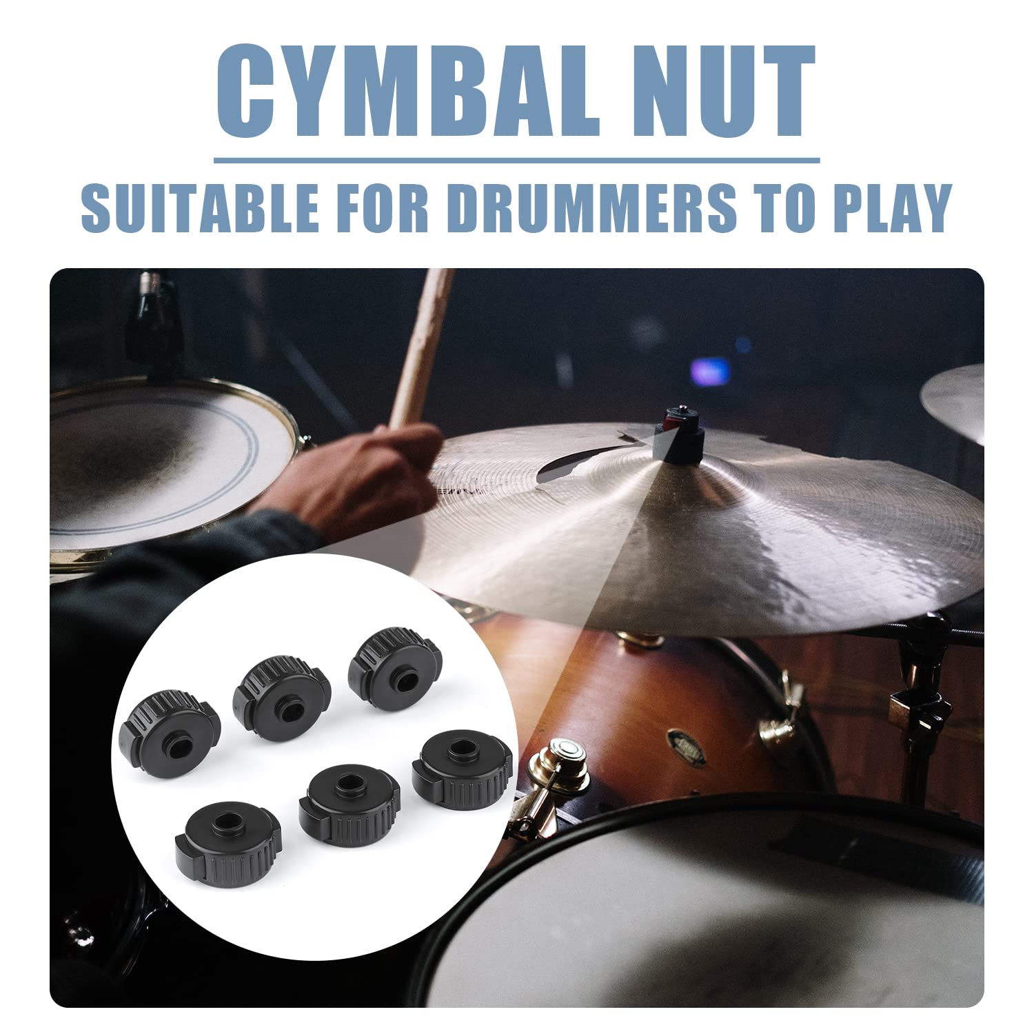 6pcs Quick Release Cymbal Nuts, 8mm Cymbal Mate Nut Black Plastic Cymbal Lock Nut for Percussion Drum Kit Jazz Drum Parts Accessories