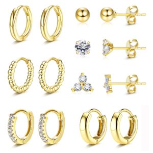 HAIAISO Gold Huggie Hoop Earrings for Women 14k Gold Plated Hoop and Studs Earrings Set Hypoallergenic Tiny CZ Ball Earrings Cartilage Earring for Multiple Pack