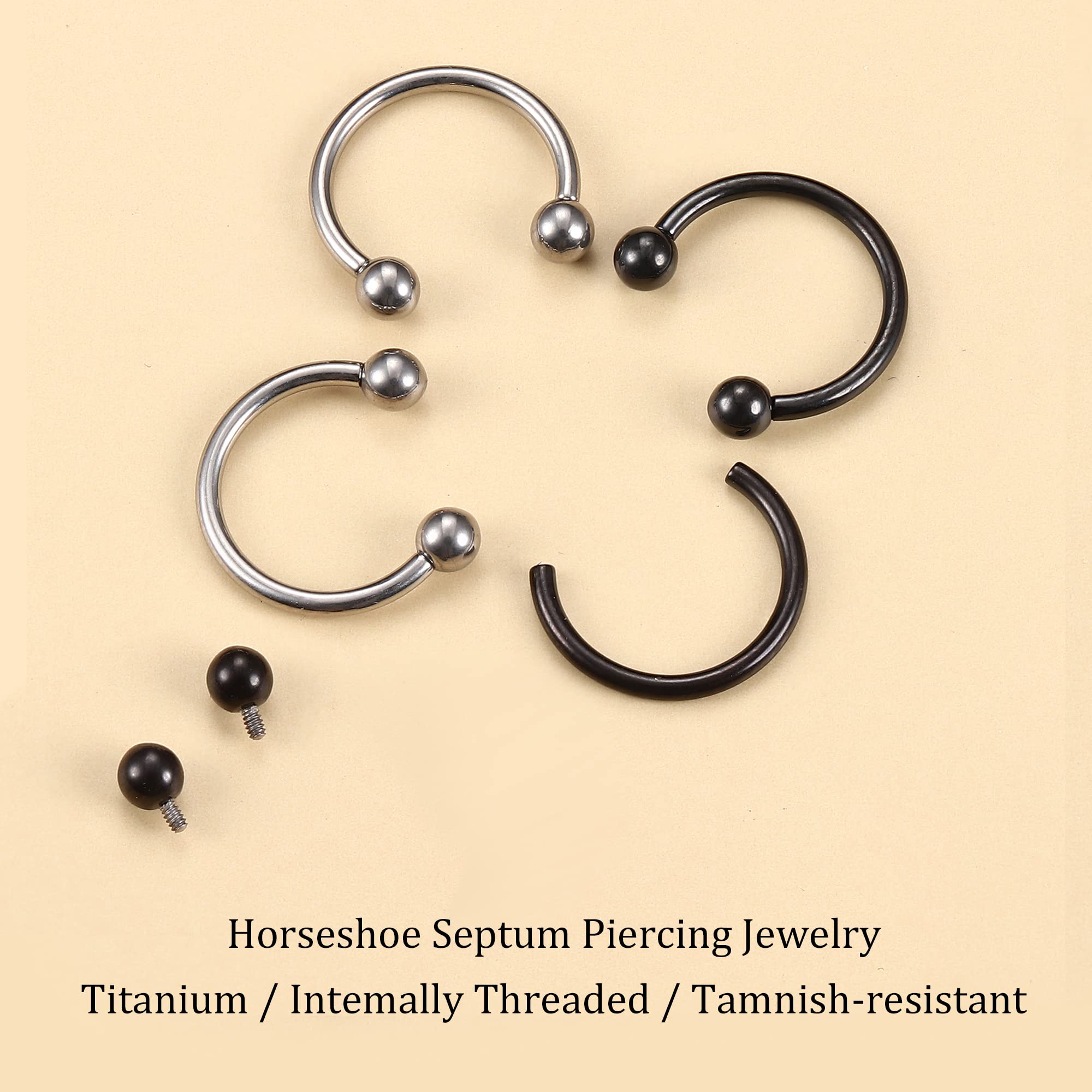 IRONBOX 16G G23 Titanium Horseshoe Septum Rings Internally Threaded Nose Rings Hoop Helix Daith Cartilage Tragus Earrings Nipple Eyebrow Body Piercing Jewelry