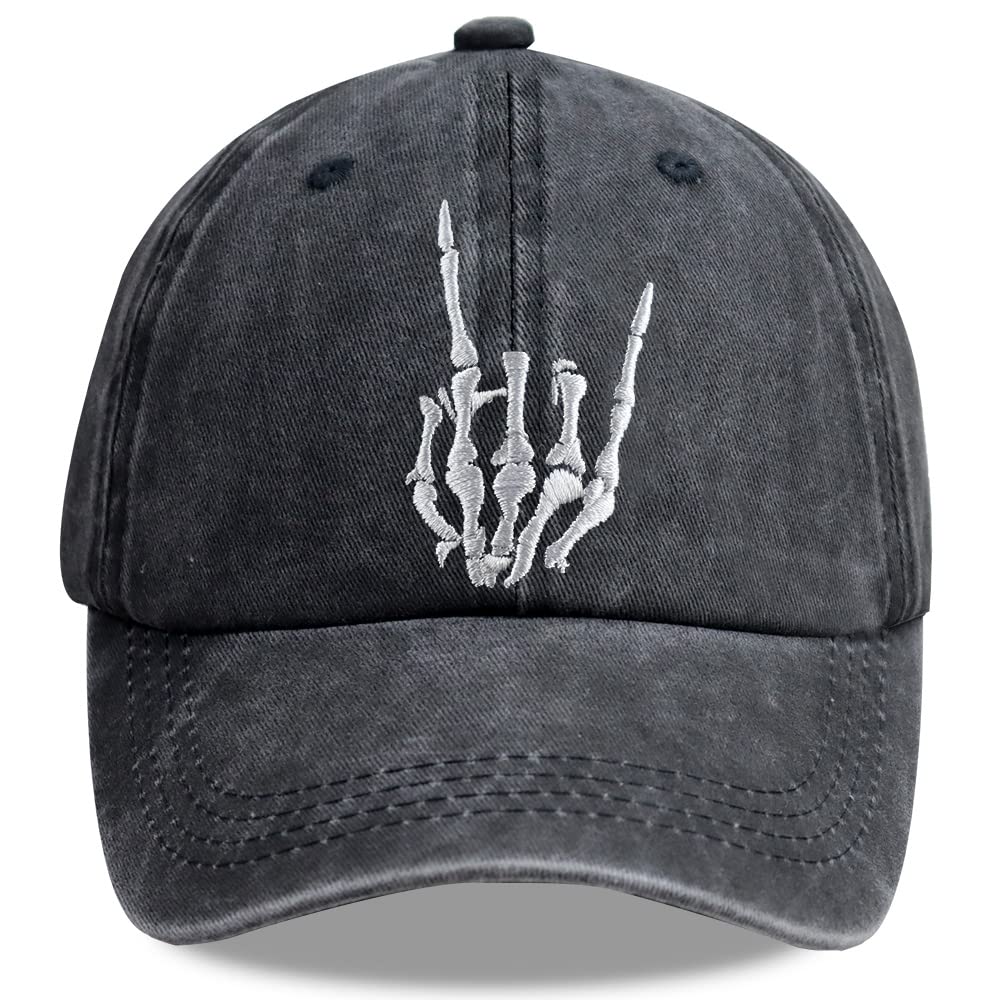 Skeleton Hand Hat, Skull Gifts for Men Women, Skull Finger Baseball Cap Adjustable Distressed Cotton Denim Dad Hats