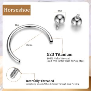 IRONBOX 16G G23 Titanium Horseshoe Septum Rings Internally Threaded Nose Rings Hoop Helix Daith Cartilage Tragus Earrings Nipple Eyebrow Body Piercing Jewelry