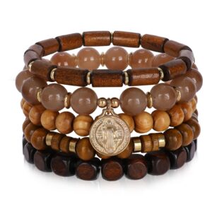 bohemian wood beaded bracelets for women natural stone boho stretch wooden bracelet set religious charm multilayered bead strand elastic stackable bracelets handmade jewelry gifts for men and women