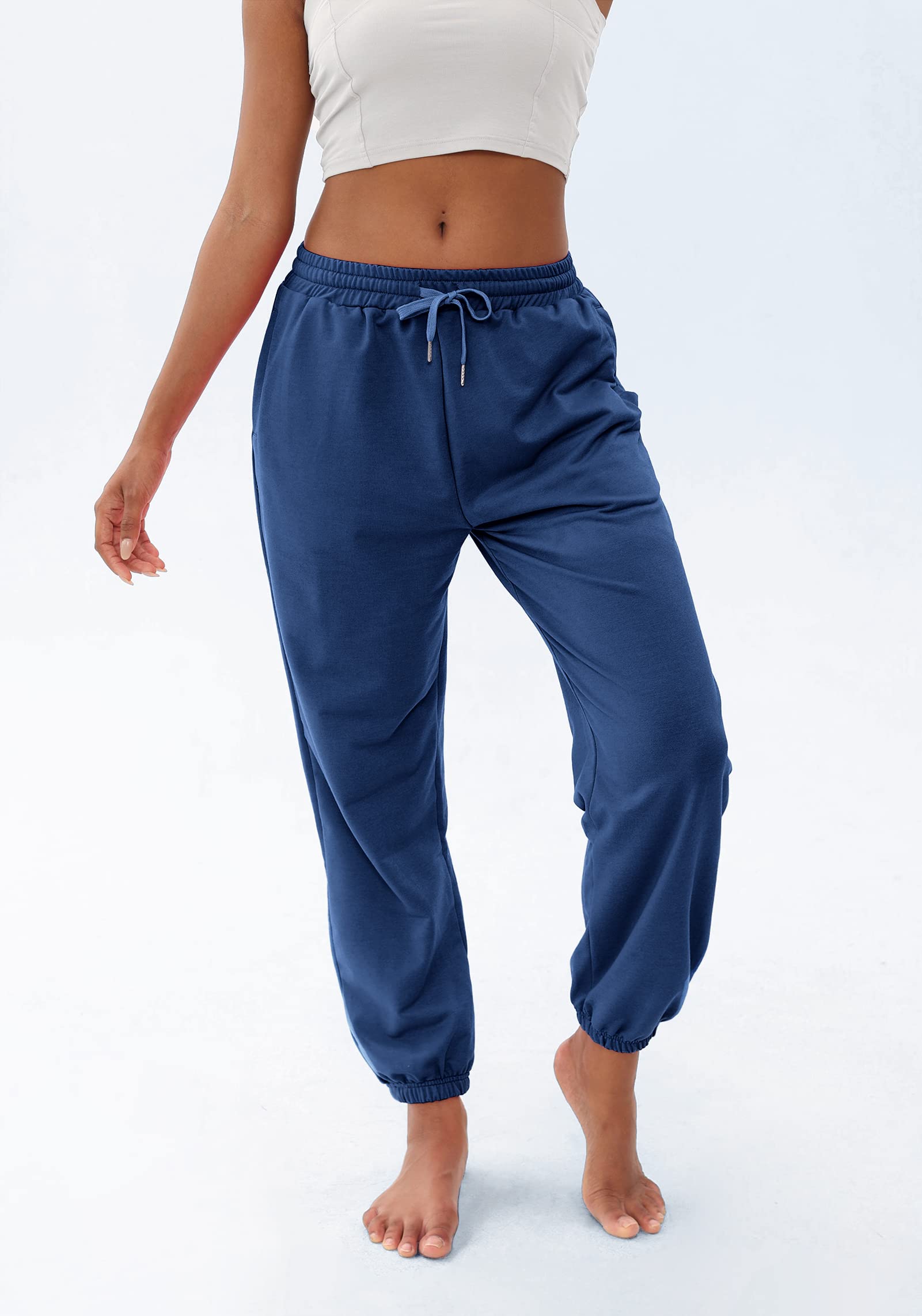 FLYEARTH Sweatpants for Women Cinch Bottom Lounge Comfy Athletic Joggers Running Trousers Drawstring Pants with Pockets Navy Blue