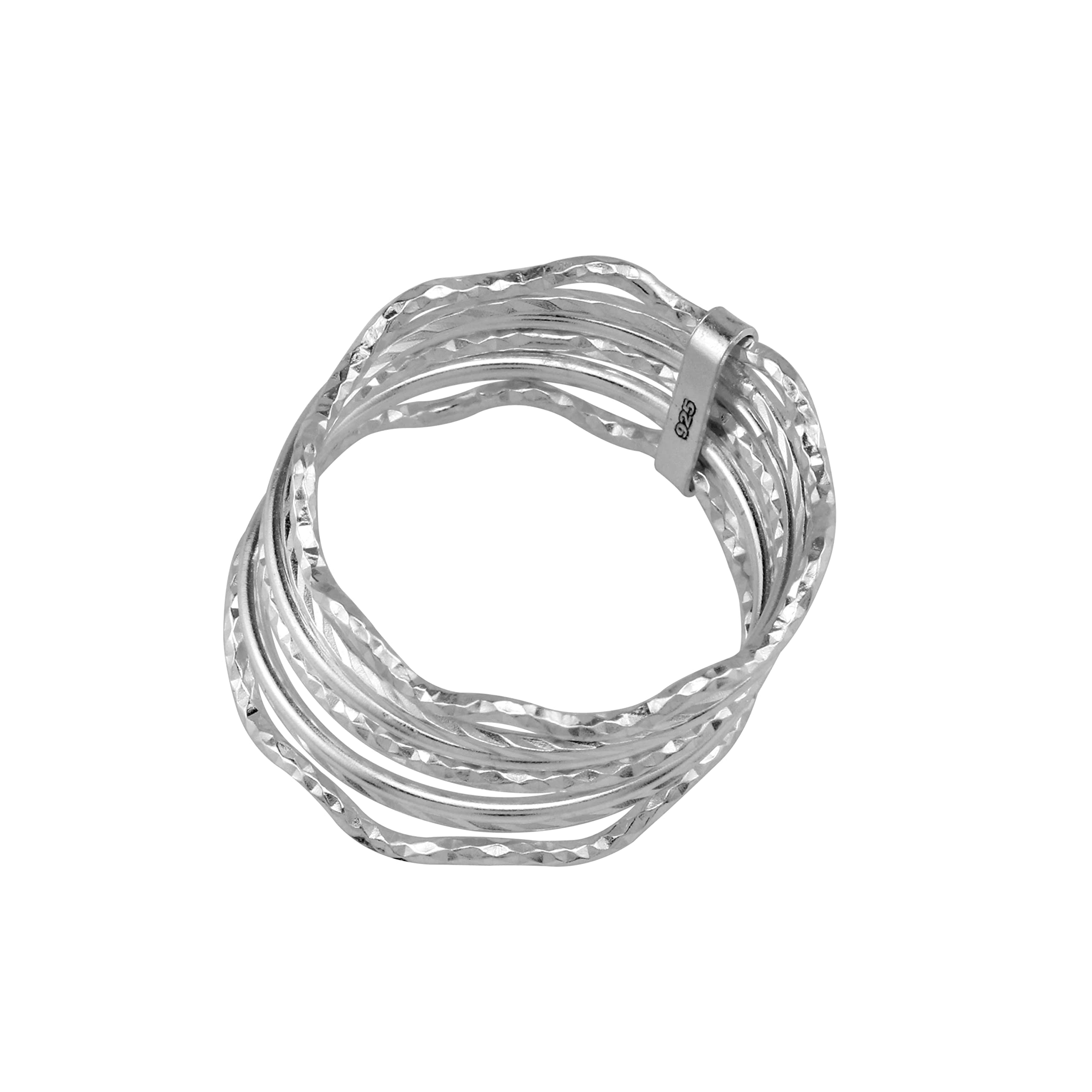 Silvershake 925 Sterling Silver White Gold Plated Thin Mixed Texture Band-7 Wraparound Skinny Wire Stackable Ring Handmade Jewelry for Women Size 8