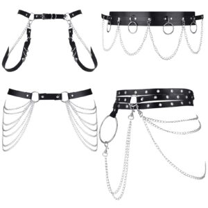 Janmercy 4 Pcs Punk Black Waist Chain Belt Black Leather Belly Chains for Women Goth Waist Belt Body Punk Layered Belt Punk Rock Jewelry Accessories for Gothic Rave Party Halloween Party