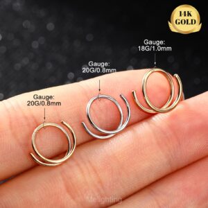 MeIighting 14K Solid Gold Double Nose Rings Hoop for Single Piercing 20G Twist Nose Ring Double Hoop for Women Nose Piercing Jewelry for Men Nose Hoops