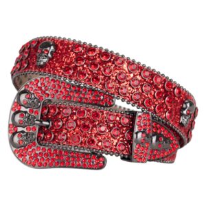 TINIDI Western Men Women Rhinestone Belts Bling Crystal Skulls Studded Diamond Leather Belt For Pants Jeans (42: fits waist from 30"-32", Red)